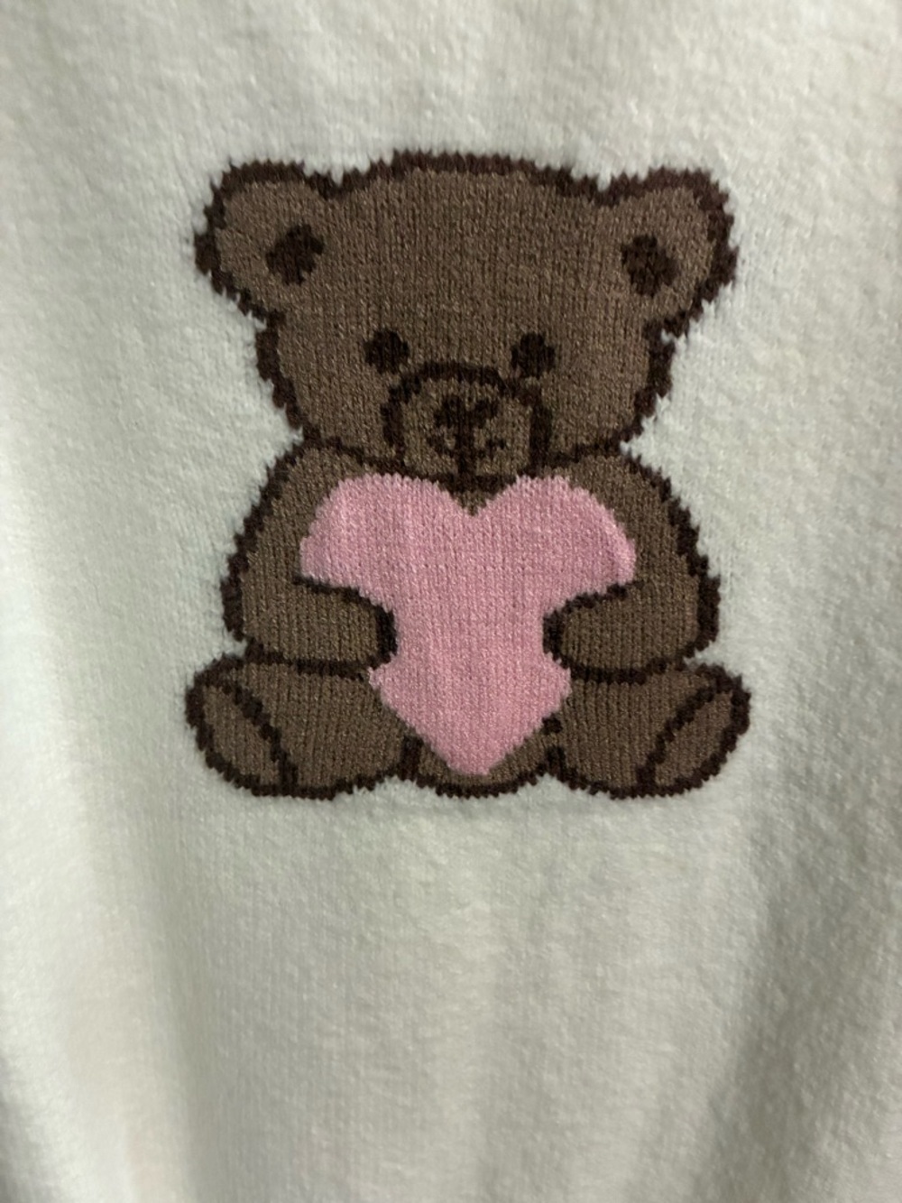 Ultra Flirt Ivory Crewneck Sweater with Brown Teddy Holding Pink Heart - Picture 3 of 6